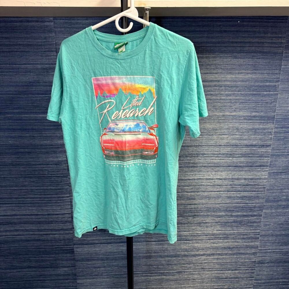 LRG Lifted Research Group Car Graphic T Shirt Teal Size Small Y2K Streetwear
